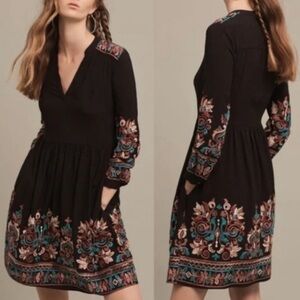 Anthropologie Floreat Avery Boho Midi Dress Embroidered Small Black